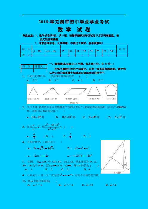 最新-2018年芜湖市初中毕业学业考试数学试卷及参考答案 精品