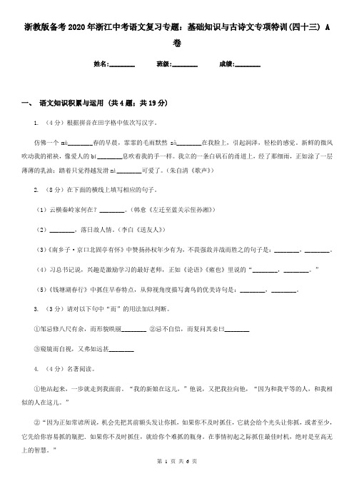 浙教版备考2020年浙江中考语文复习专题:基础知识与古诗文专项特训(四十三) A卷