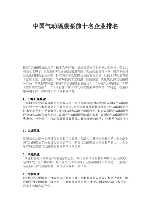 中国气动隔膜泵前十名企业排名