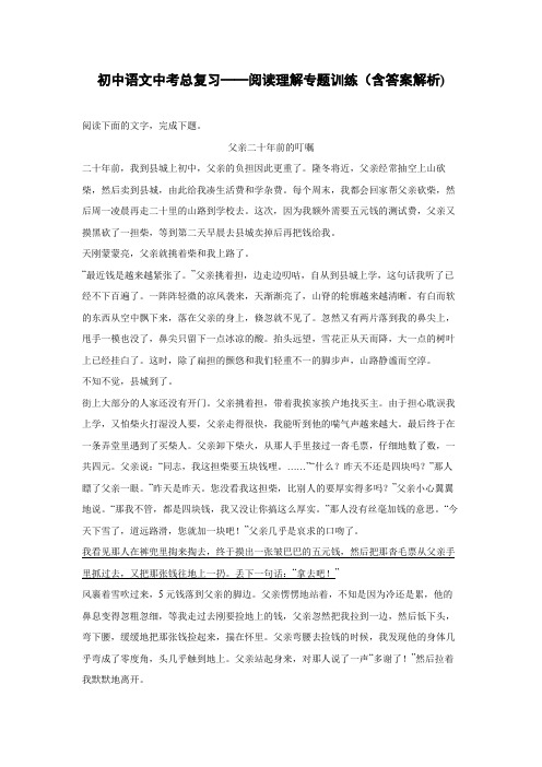 初中语文中考总复习阅读理解专题训练《父亲二十年前的叮嘱》(含答案解析)