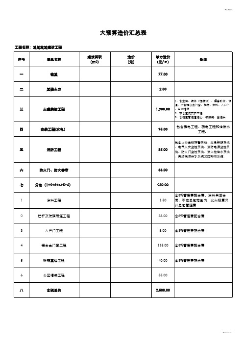 大预算造价汇总表