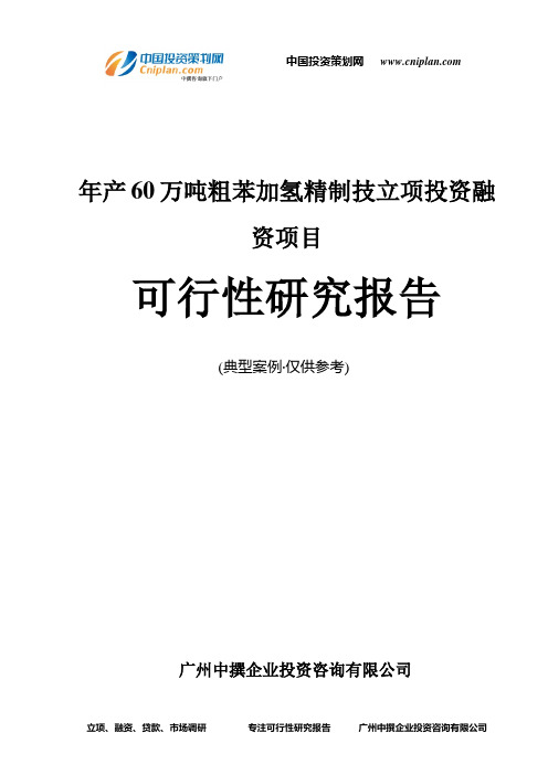 年产60万吨粗苯加氢精制技融资投资立项项目可行性研究报告(中撰咨询)