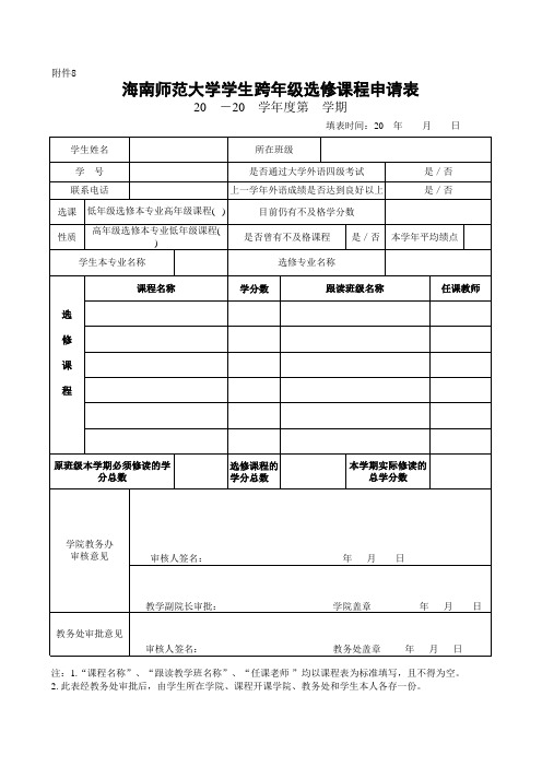 海南师范大学学生跨年级选修课程申请表