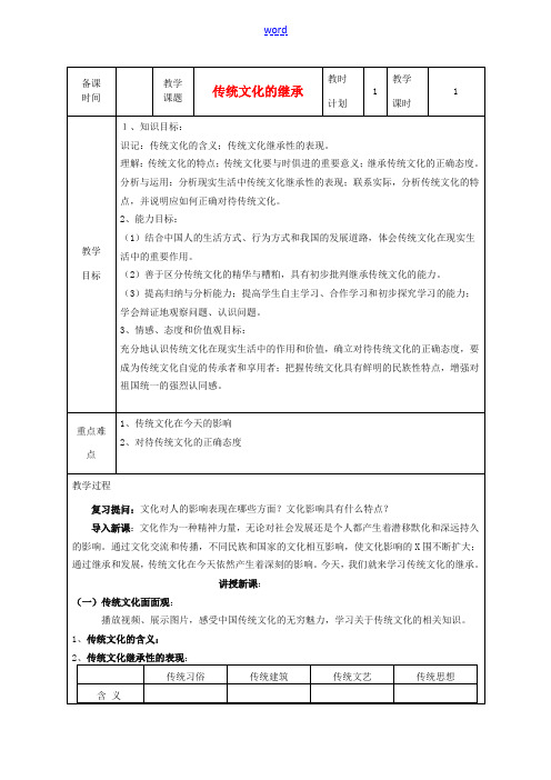 高中政治 第四课 文化的继承性与文化发展 传统文化的继承教案3 新人教版必修3-新人教版高二必修3政