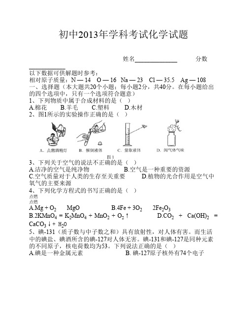 2013年化学中考模拟试卷(带答案)