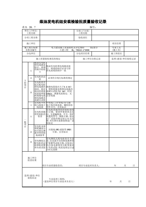 【工程文档】柴油发电机组安装检验批质量验收记录