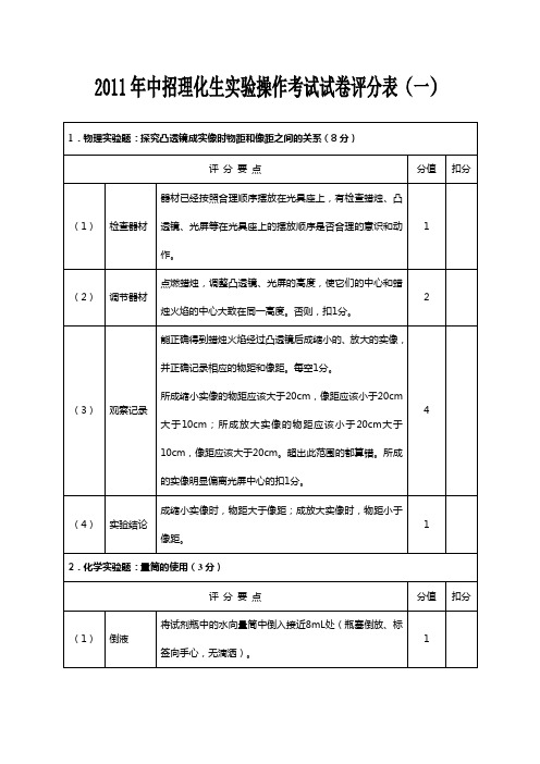 中招理化生实验操作考试试卷评分表