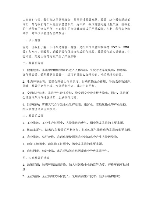 关于雾霾班会的总结发言稿