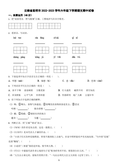 云南省昆明市2022-2023学年六年级下学期语文期中试卷(含答案)