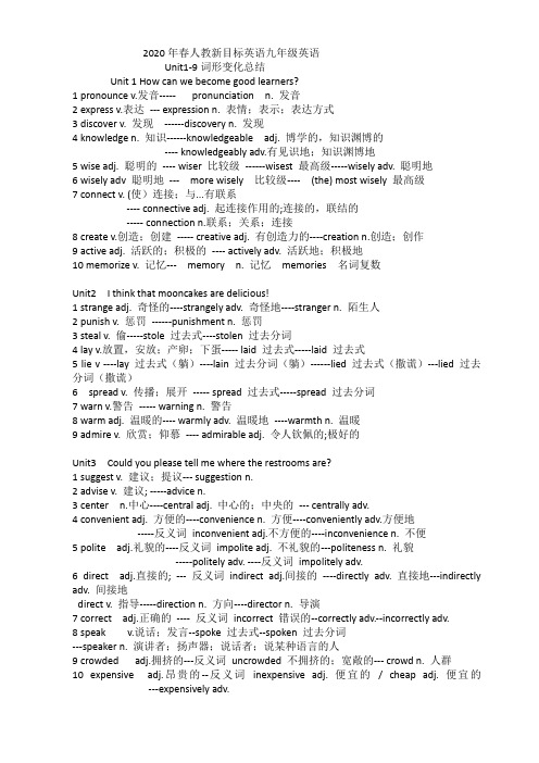 2020年春人教新目标英语九年级英语 Unit1-9 词形变化复习总结