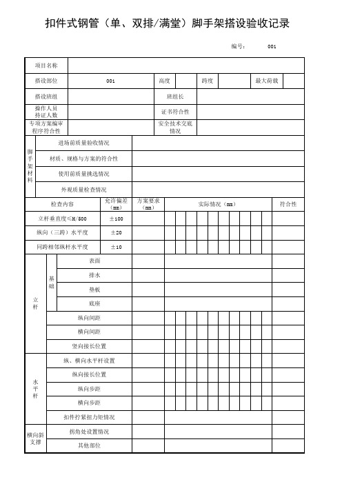 扣件式钢管(单、双排／满堂)脚手架搭设验收记录