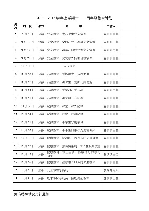 2011-2012上学期低年级德育计划