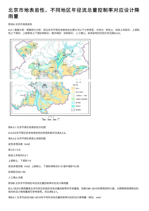 北京市地表岩性、不同地区年径流总量控制率对应设计降雨量