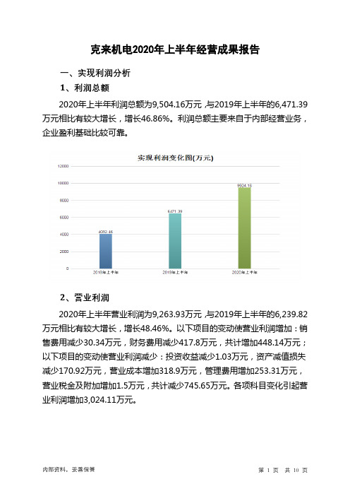 克来机电2020年上半年经营成果报告