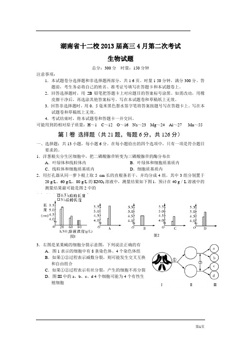 2013、4月湖南十二校联考生物试题