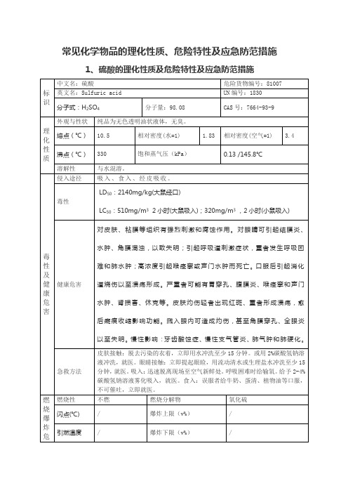 常见化学物品的理化性质、危险特性及应急防范措施