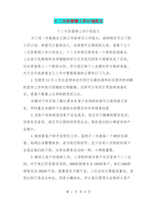 十二月份营销工作计划范文
