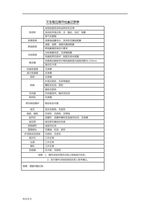 叉车每日操作检查记录表