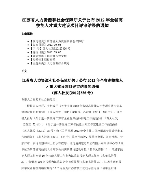 江苏省人力资源和社会保障厅关于公布2012年全省高技能人才重大建设项目评审结果的通知