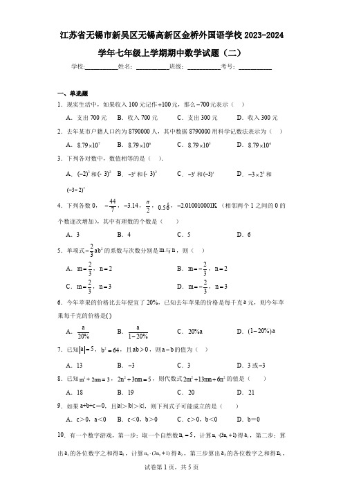 江苏省无锡市新吴区无锡高新区金桥外国语学校2023-2024学年七年级上学期期中数学试题(二)