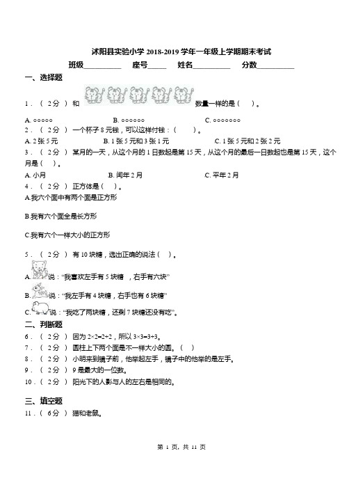 沭阳县实验小学2018-2019学年一年级上学期期末考试