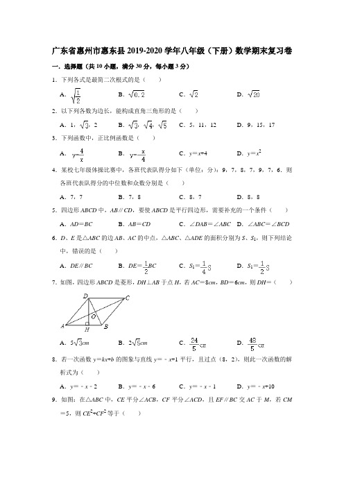 广东省惠州市惠东县2019-2020学年八年级下学期数学期末复习卷   (解析版)