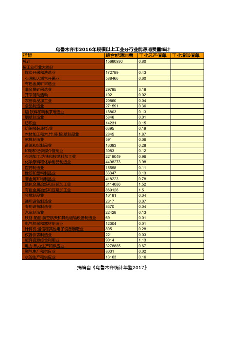 乌鲁木齐市2016年规模以上工业分行业能源消费量统计