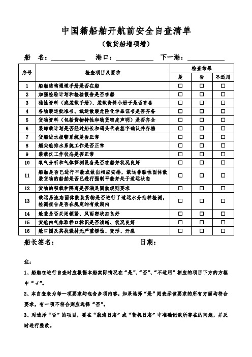 中国籍船舶开航前安全自查清单