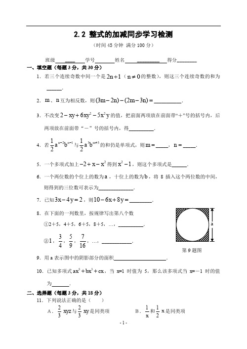 七年级2.2 整式的加减同步学习检测(专题课时练含答案)