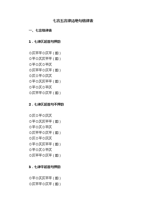 七言五言律诗绝句格律表