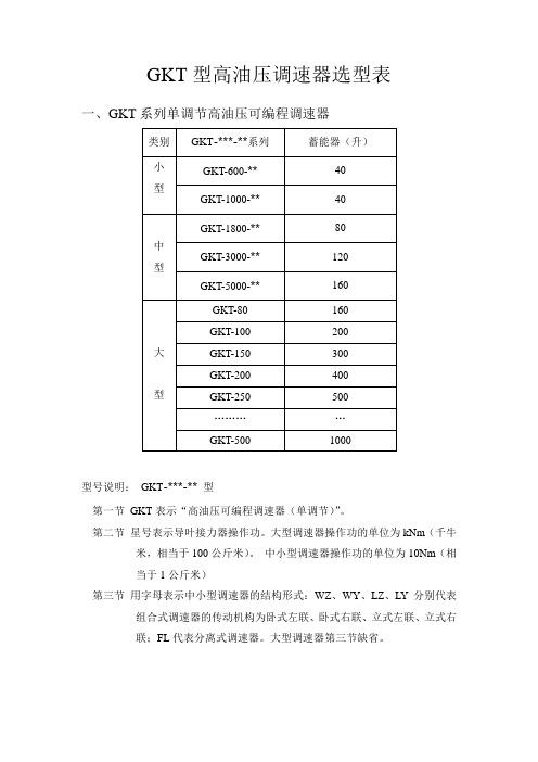 GKT型高油压调速器选型表