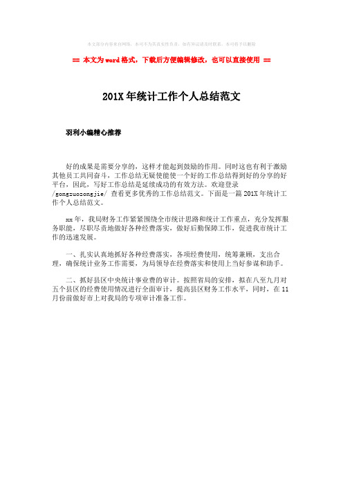 【最新文档】201X年统计工作个人总结范文-范文word版 (1页)