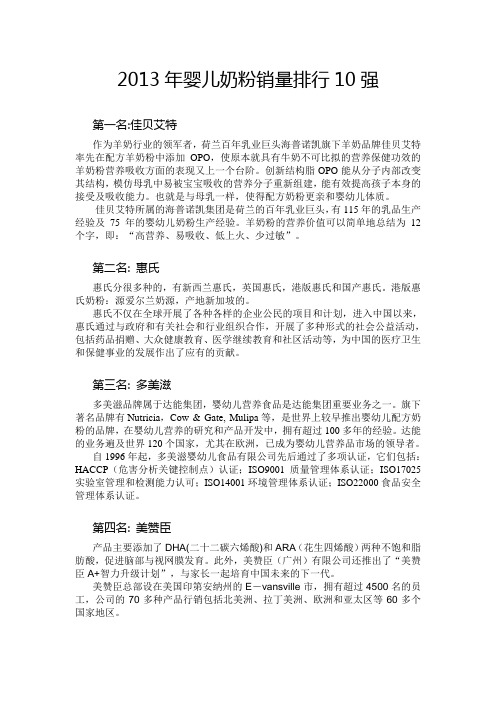 2013年婴儿奶粉销量排行10强