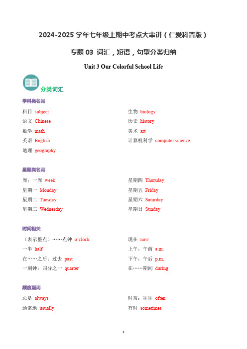 新仁爱版七年级英语上册期中复习专题03 Unit 3 词汇,短语,句型分类归纳【知识清单】(背诵版)