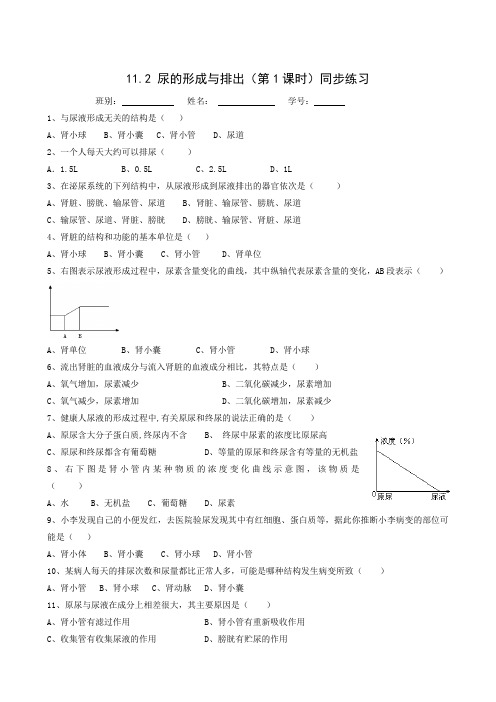 北师大版七年级生物下册同步检测：11.2.2 尿的形成与排出