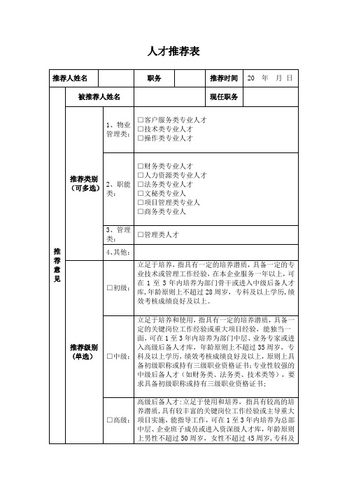 后备人才推荐表(自荐表)