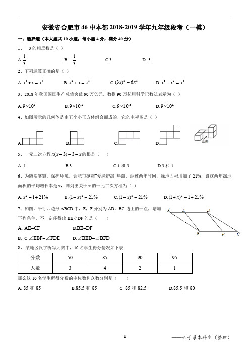 安徽省合肥市46中2018-2019学年九年级段考(一模)