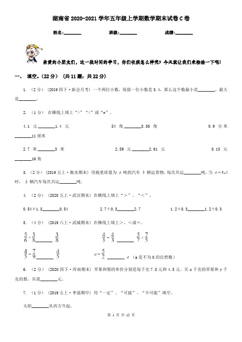 湖南省2020-2021学年五年级上学期数学期末试卷C卷(新版)