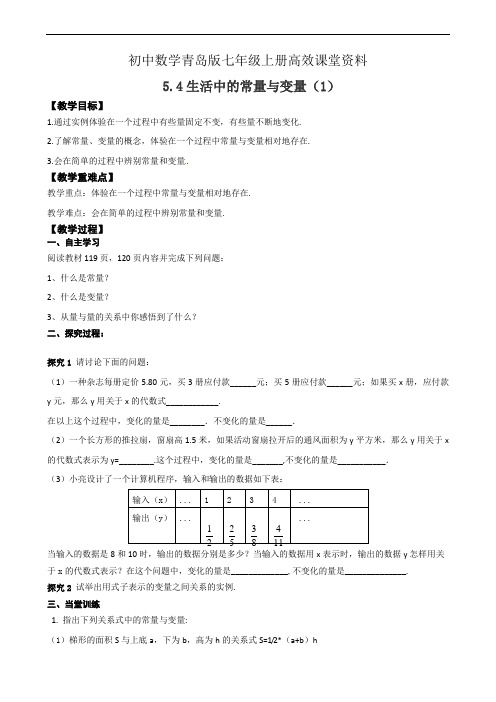 初中数学青岛版七年级上册高效课堂资料5.4生活中的常量与变量(1)