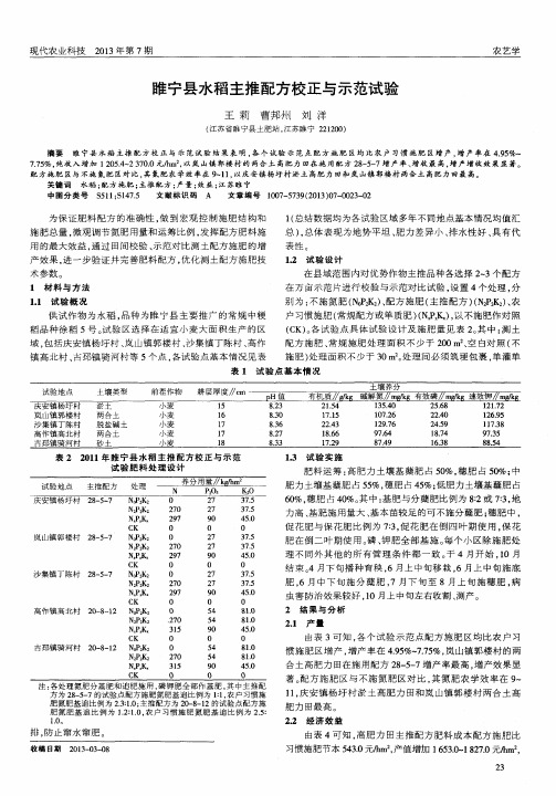 睢宁县水稻主推配方校正与示范试验