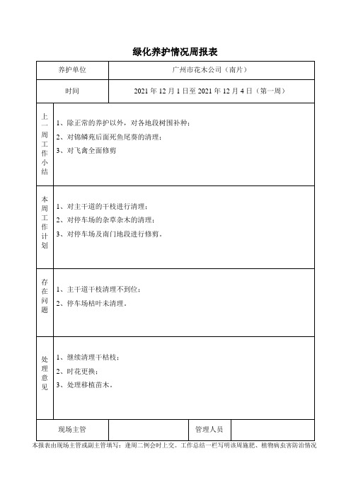 绿化养护情况周报表