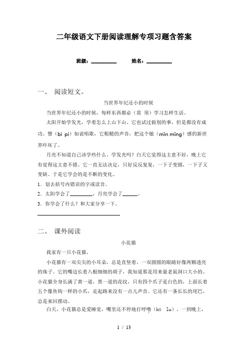 二年级语文下册阅读理解专项习题含答案