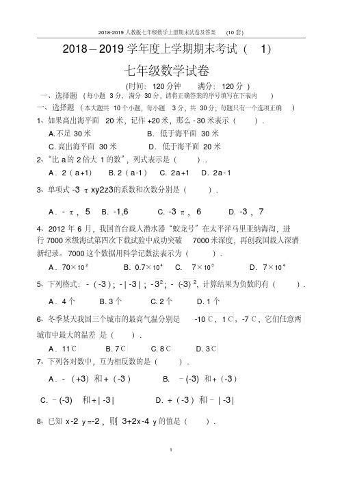 20182019人教版七年级数学上册期末试卷及答案(10套)