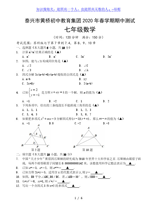 江苏省泰兴市黄桥初中教育集团2019-2020学年第二学期七年级数学期中试卷(含答案)