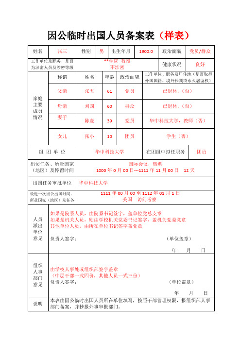 因公临时出国人员备案表样表