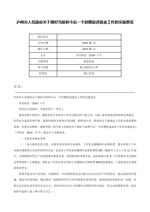 泸州市人民政府关于做好当前和今后一个时期促进就业工作的实施意见-泸市府发〔2019〕4号