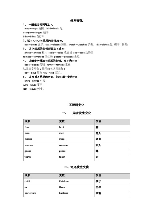 名词变复数规则、不规则变化