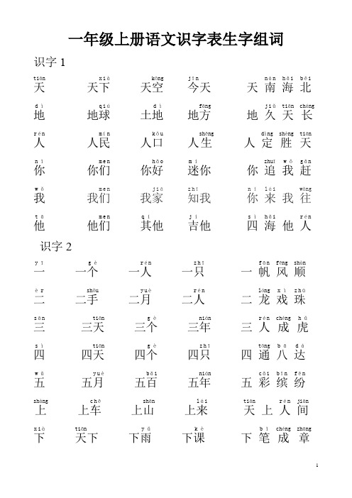 一年级上册语文识字表-组词