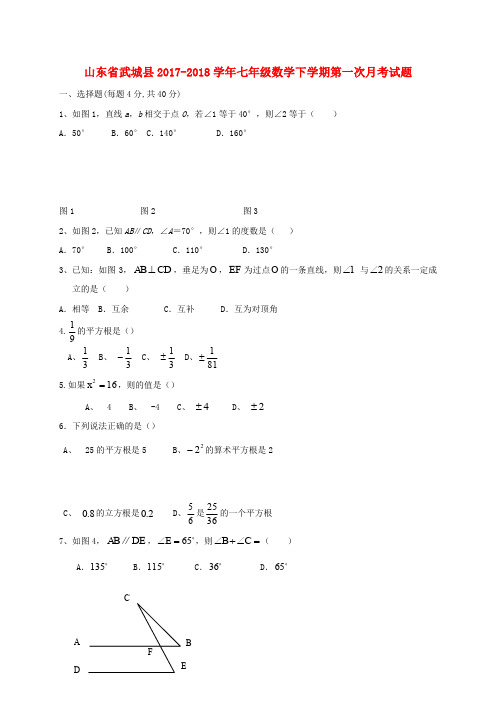 山东省武城县2017-2018学年七年级数学下学期第一次月考试题(无答案) 新人教版