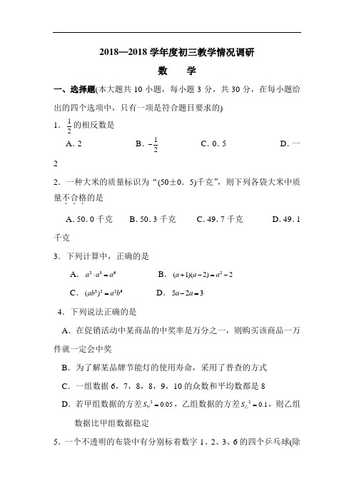 九年级数学下册调研测试试题2